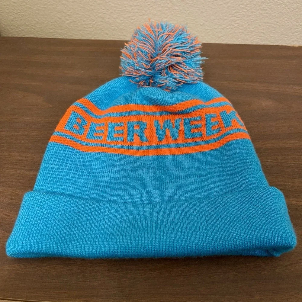 Folsom‎ Beer Week Knit Pom Beanie Hat Novelty Blue Orange Fold Over